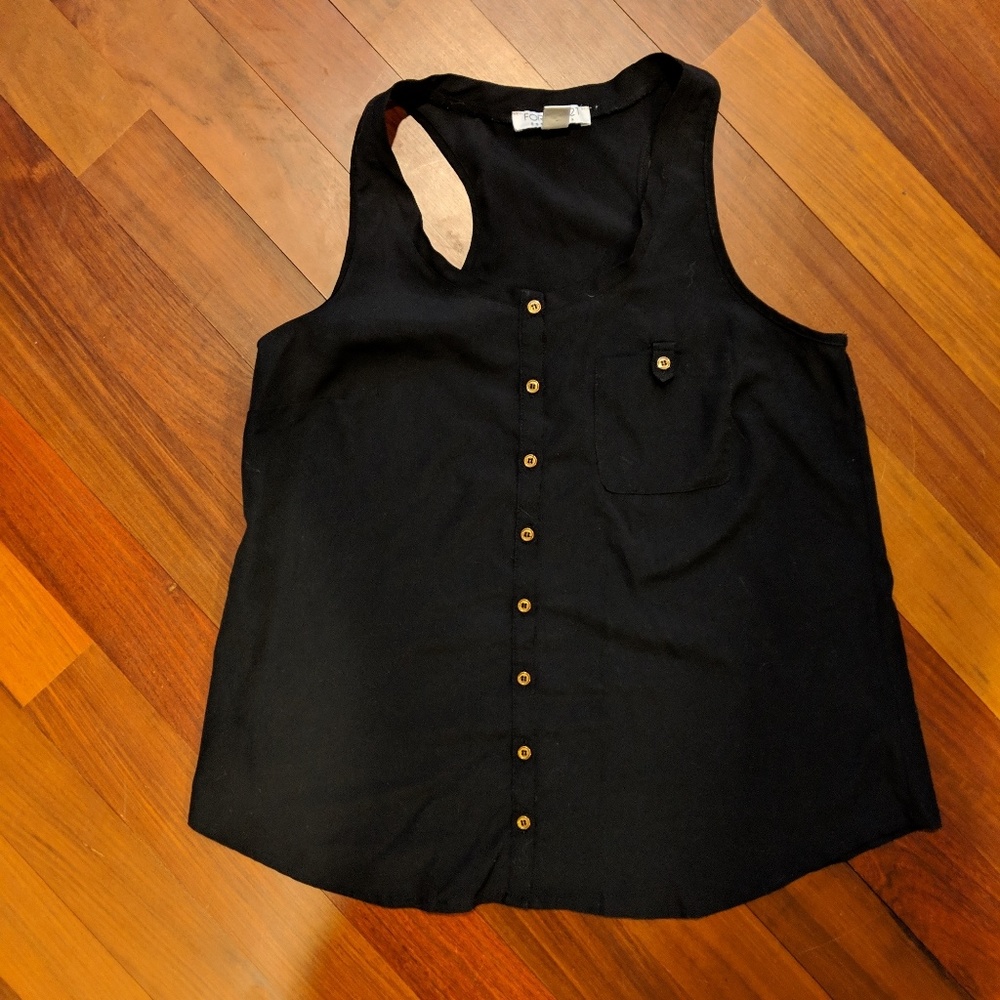 Black racerback tank with gold buttons